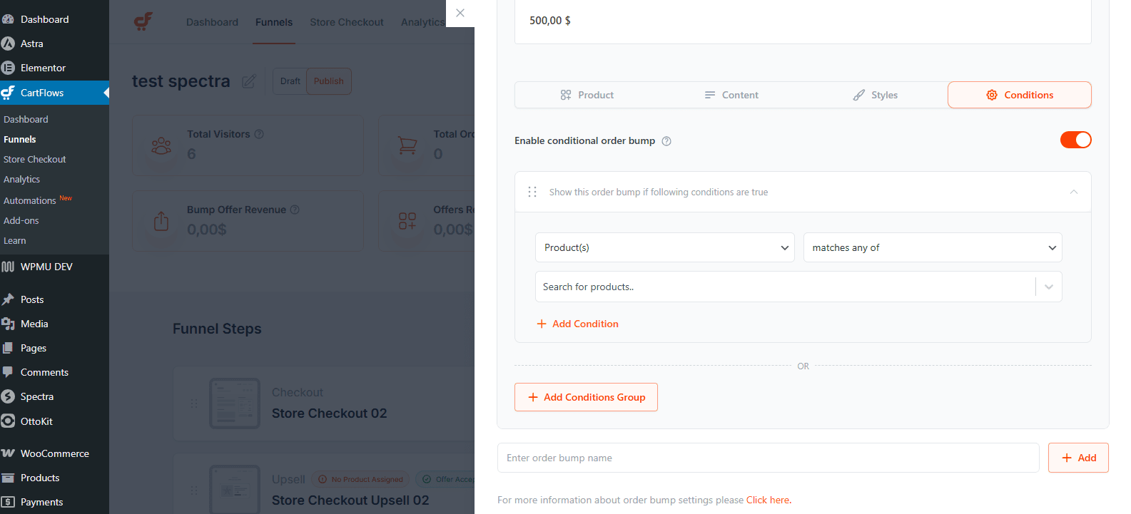 order bump conditions tab