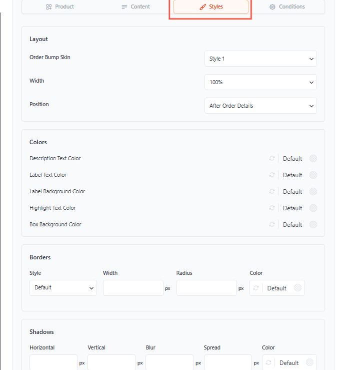 order bump styles tab