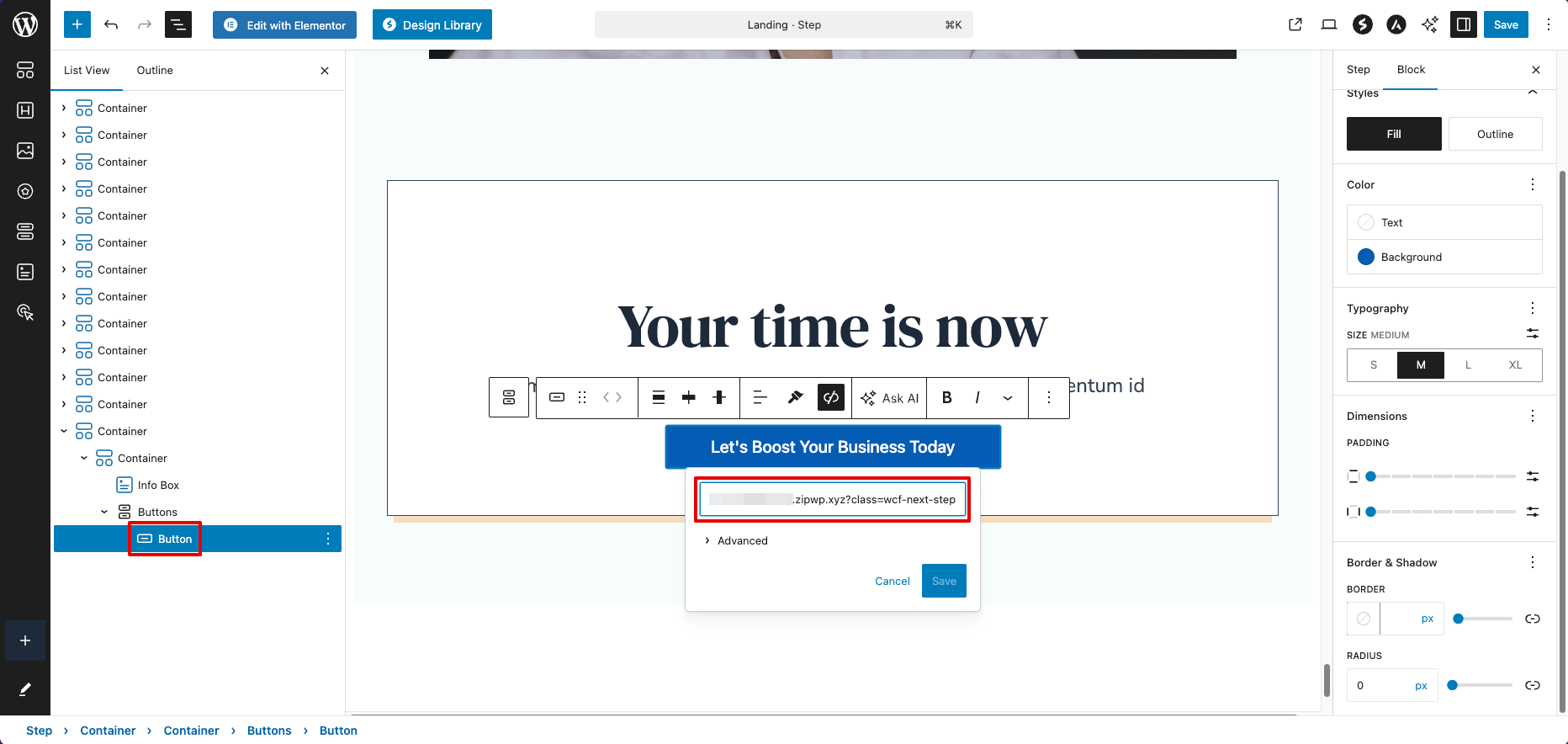 Adding Next Step Link to a button element
