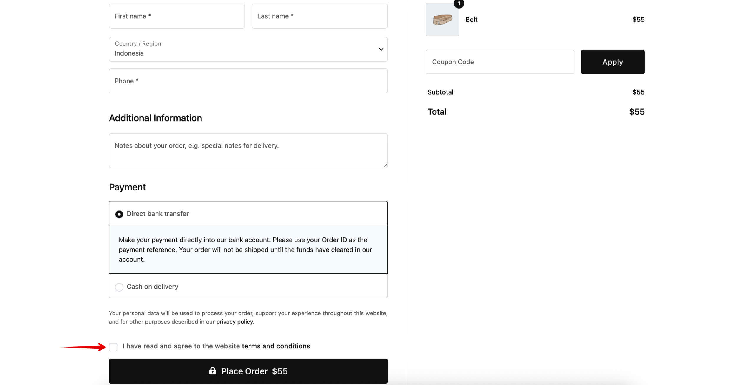 Terms and Conditions checkbox