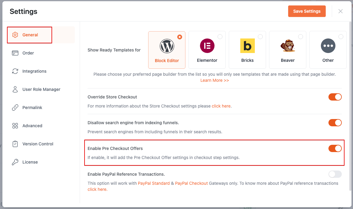 Setup Pre-Checkout Upsell in CartFlows Enable Pre Checkout Offers-Global Settings
