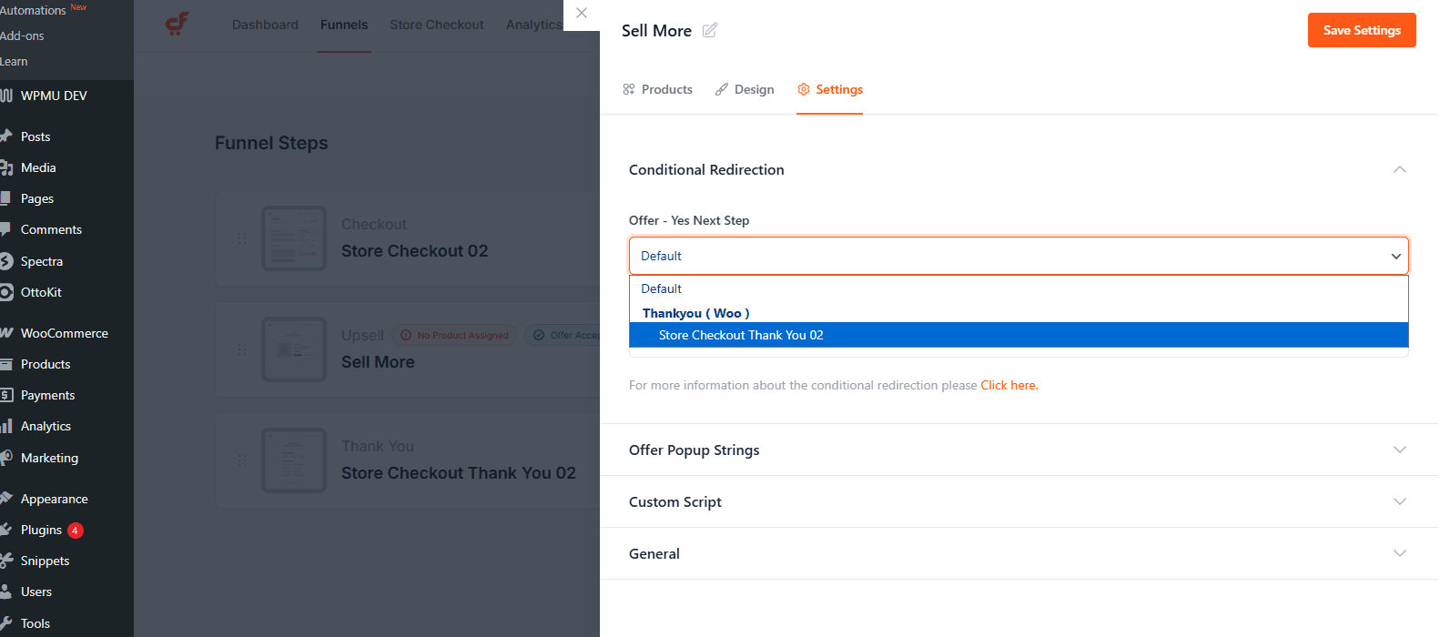 set upsell conditional redirect