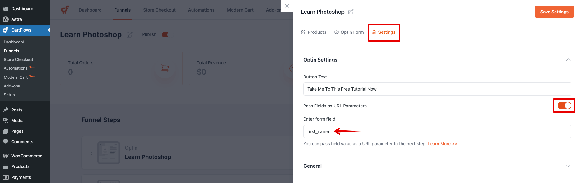 Pass Fields as URL Parameters toggle button
