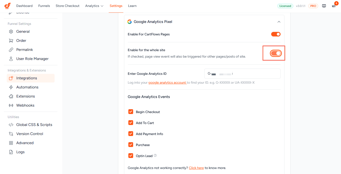 How to Enable Google Analytics Tracking in CartFlows cartflows enable google analytics for whole site 3.0