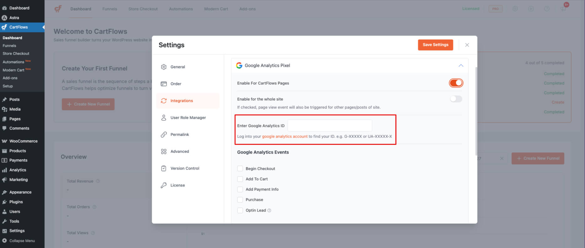 Enter Google Analytics ID field