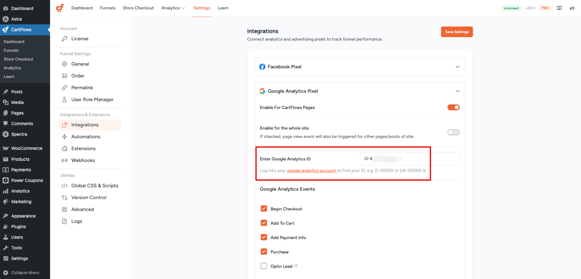Google Analytics ID field