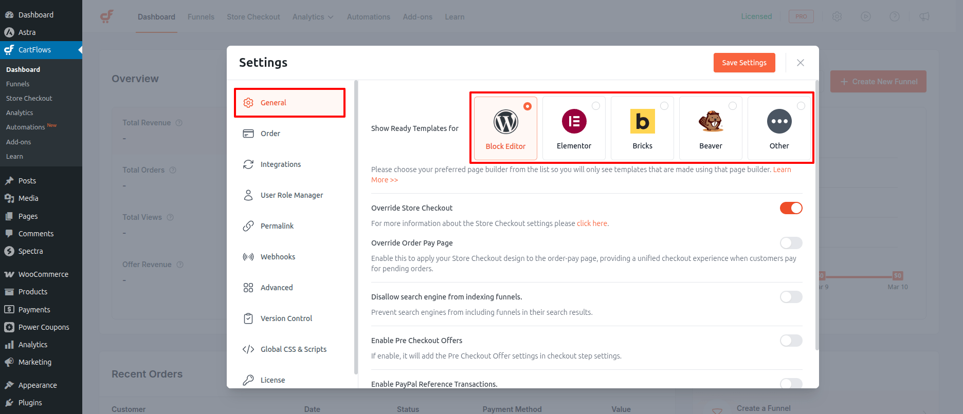 CartFlows page builder selection