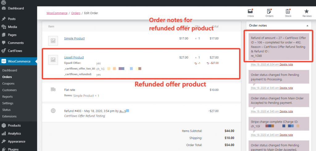 CartFlows Refund Offer Order Notes