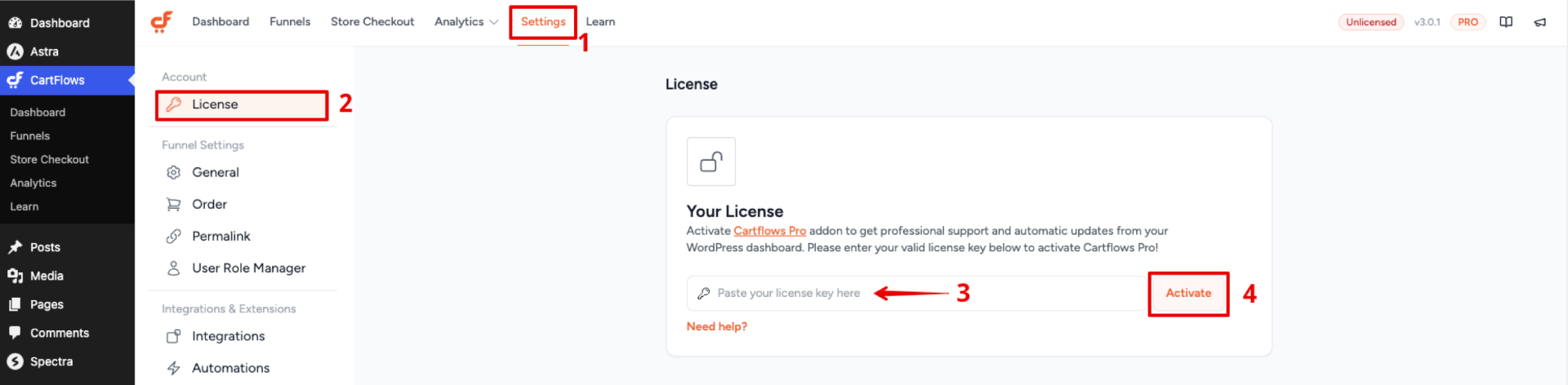 Activating CartFlows Pro License