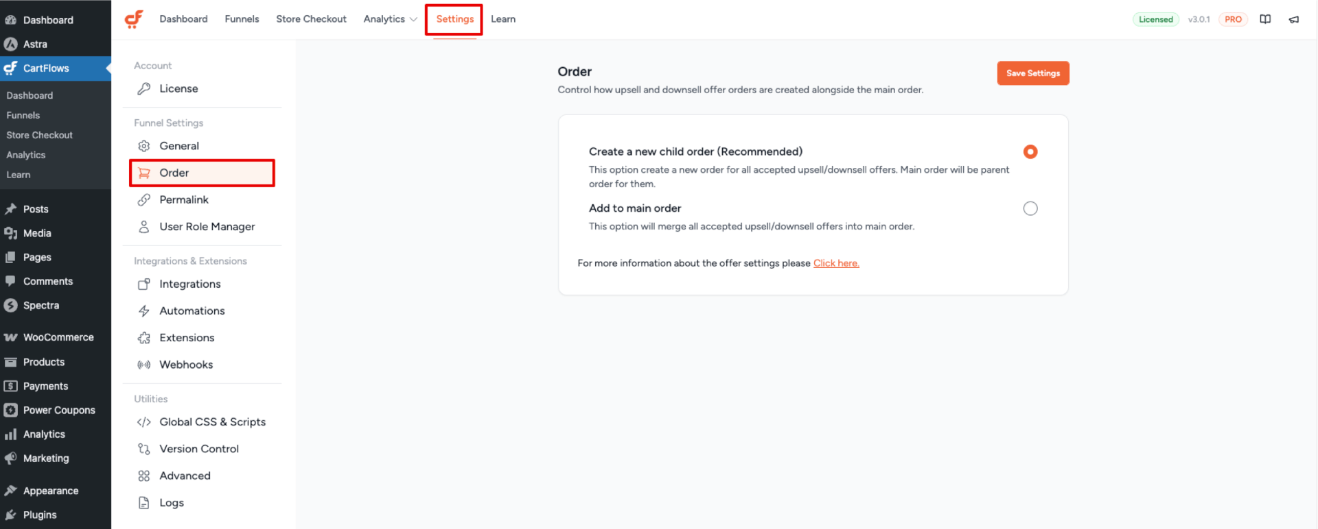 CartFlows Order Setting