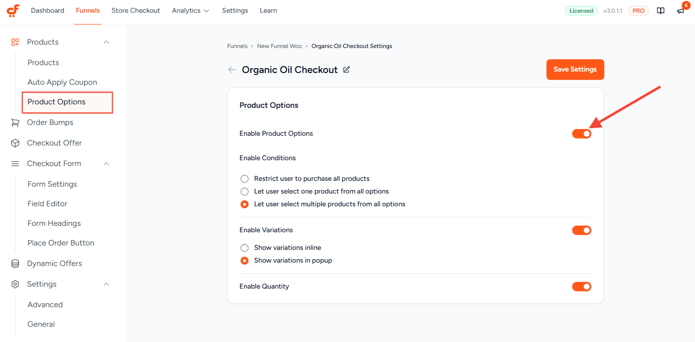cartflows enable product options 3.0