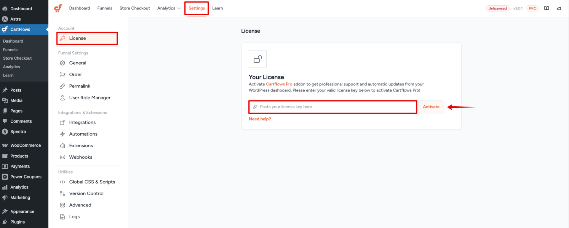 Activate CartFlows license