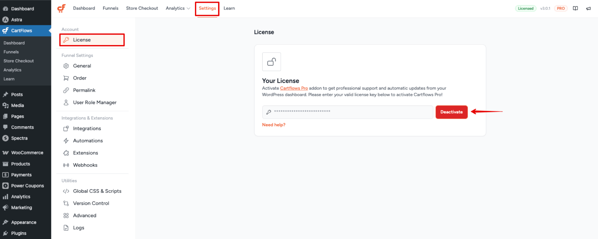 Deactivate CartFlows license