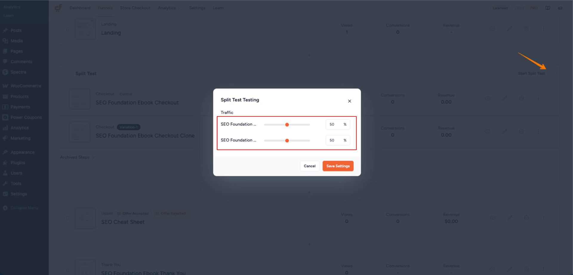 Configure split testing traffic