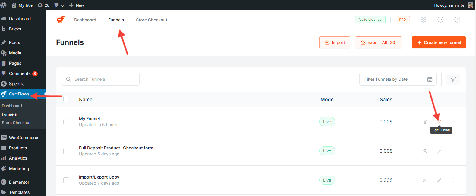CartFlows Funnels List