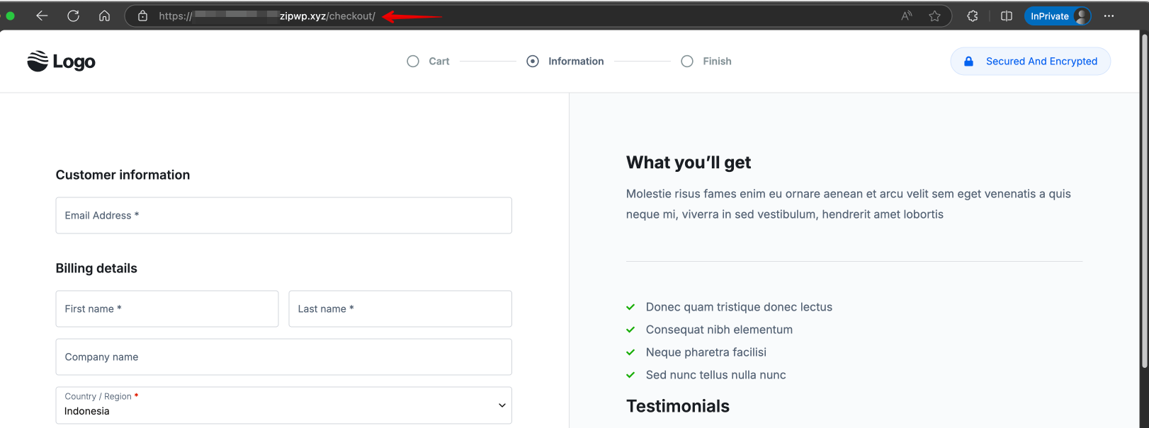 Checkout page URL after enabling Override Store Checkout option
