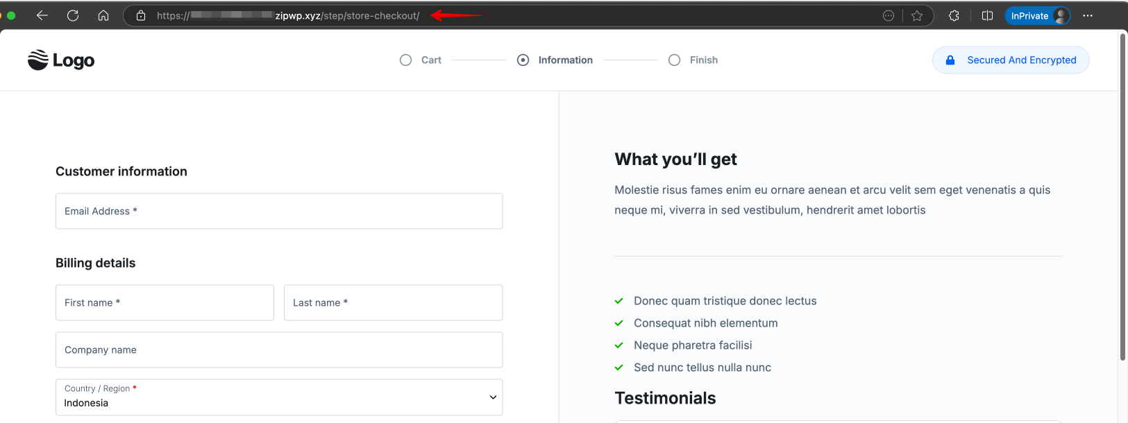 Checkout page URL before enabling Override Store Checkout option