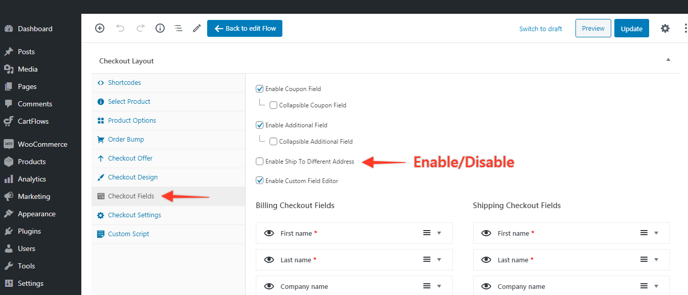 enable ship to different address