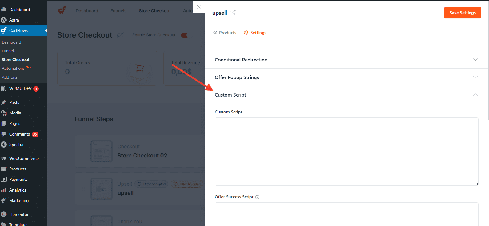Upsell Custom Script Settings
