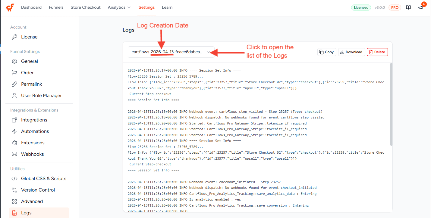 cartflows logs interface 3.0