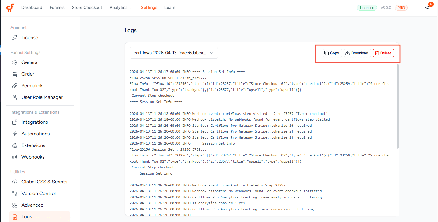 cartflows logs options 3.0