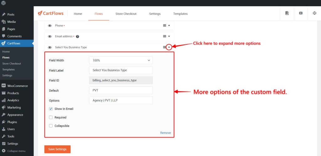 CartFlows custom fields options