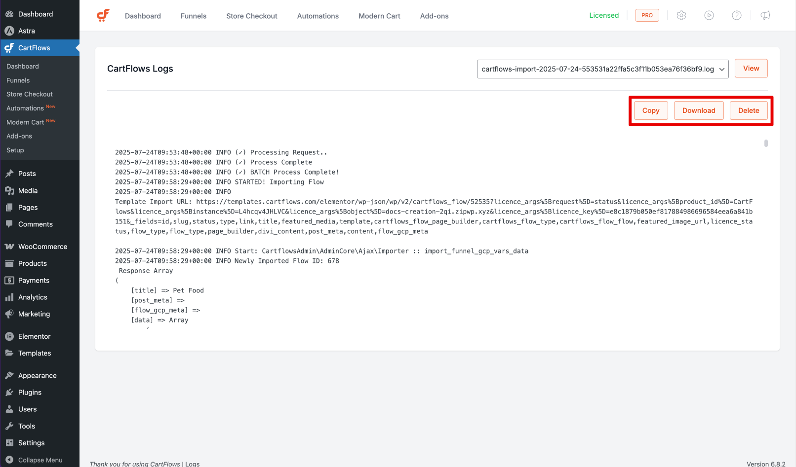 CartFlows Logs Actions