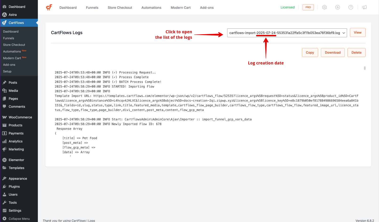CartFlows List of the Logs