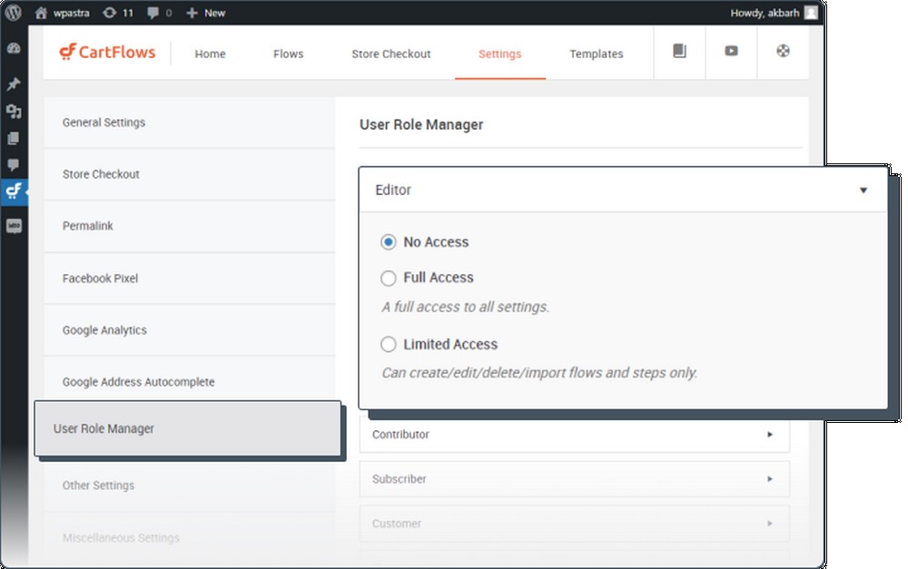 user role manager CartFlows settings
