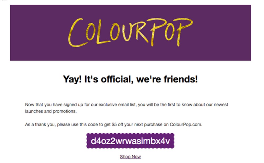 ColourPop welcome email