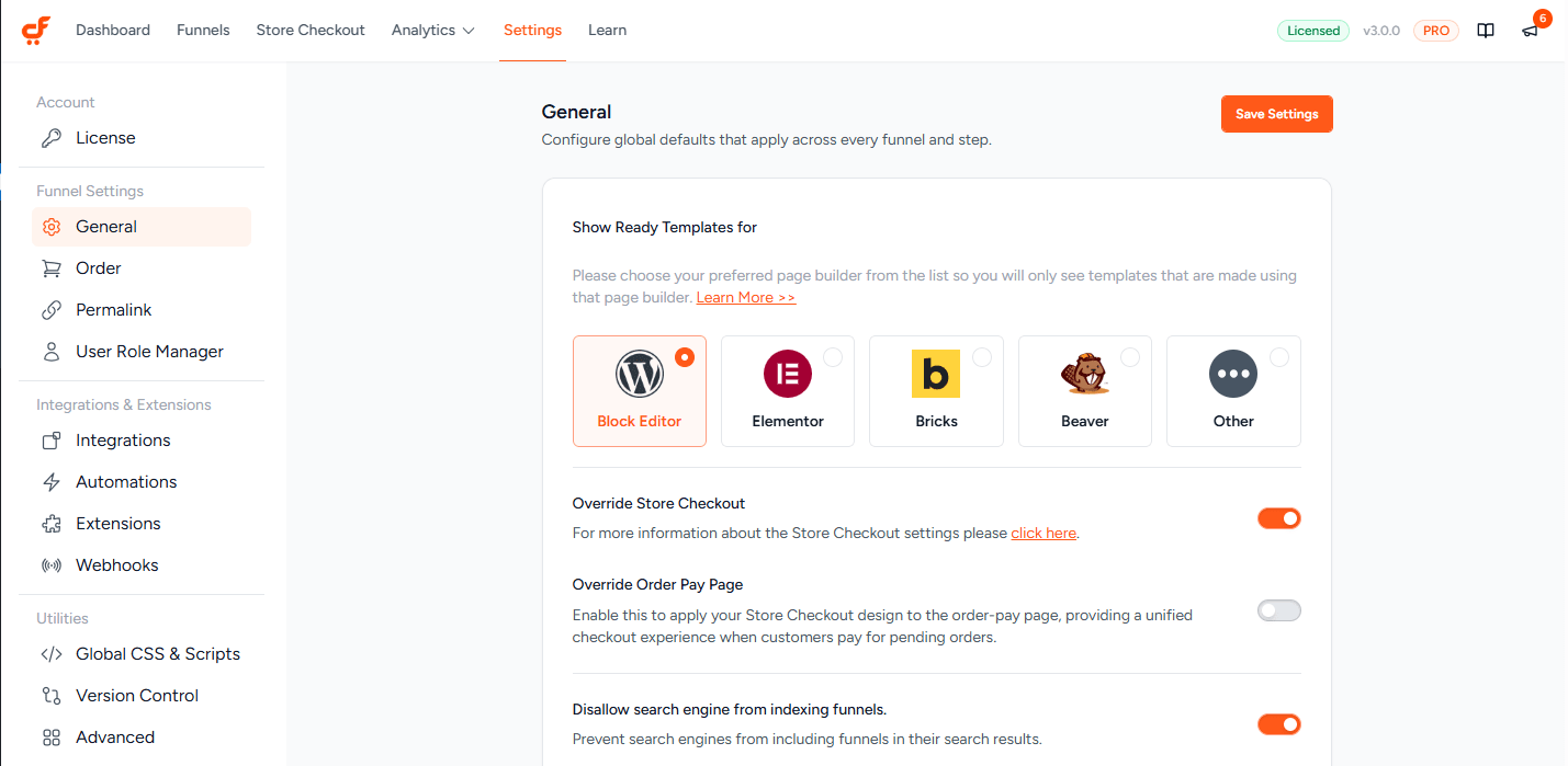 cartflows page builder settings 3.0