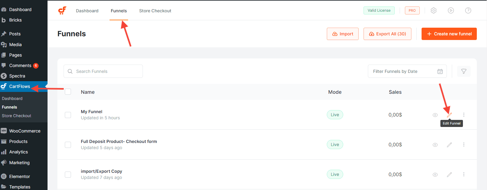 CartFlows Funnels List