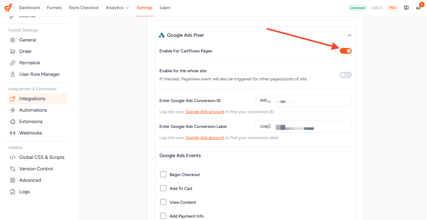 cartflows google ads pixel toggle 3.0