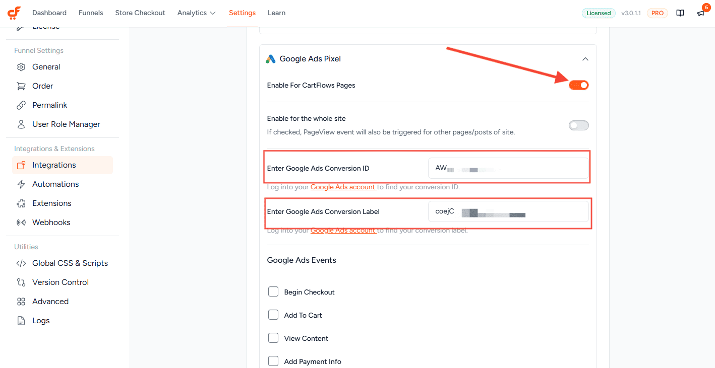 cartflows google ad conversion id and label 3.0