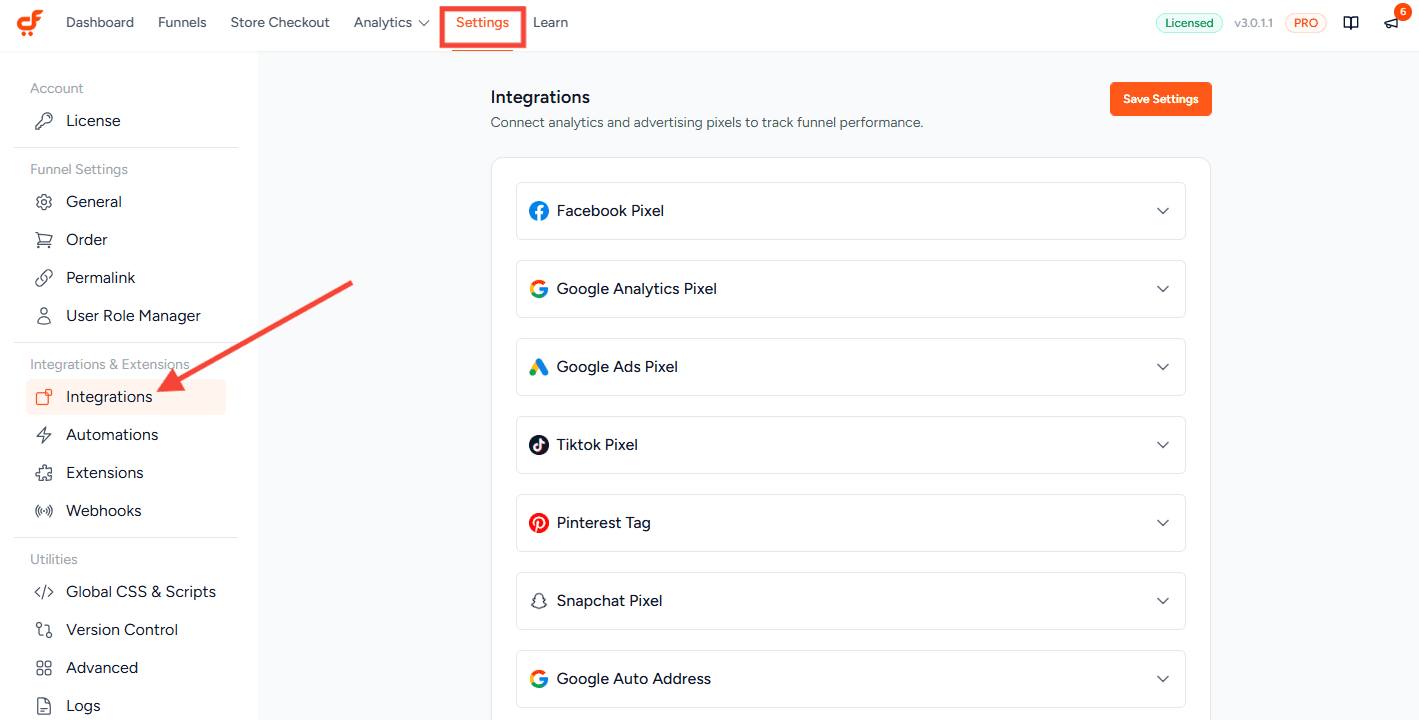 cartflows settings integration tab 3.0