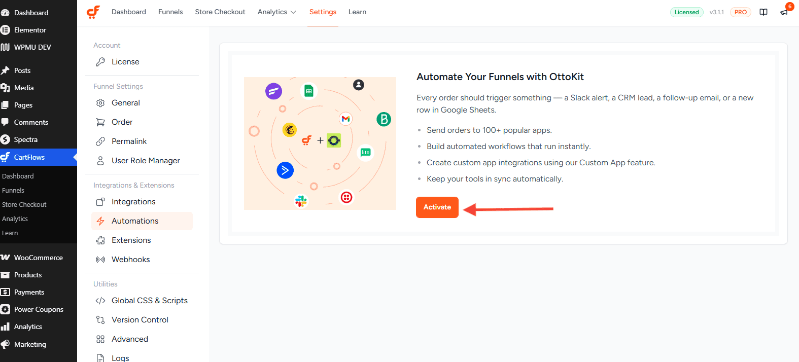 cartflows activate ottokit 3.0