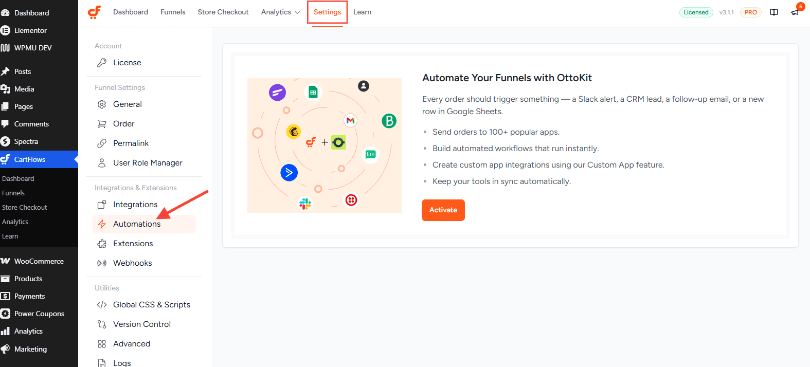 cartflows automation settings 3.0
