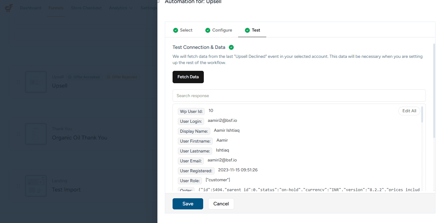 cartflows upsell declined automation test connection 3.0
