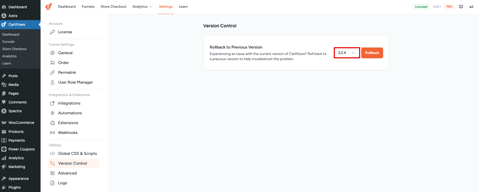 CartFlows Version Control Dropdown