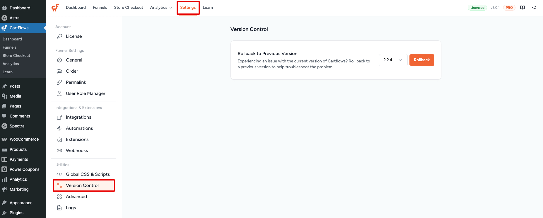 CartFlows Version Control Window