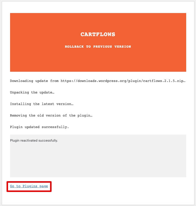 Rollback Confirmation and Go to Plugins page