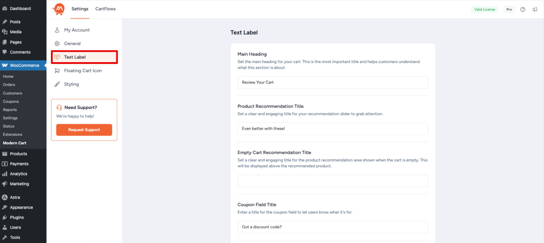 Modern Cart for WooCommerce Label Settings