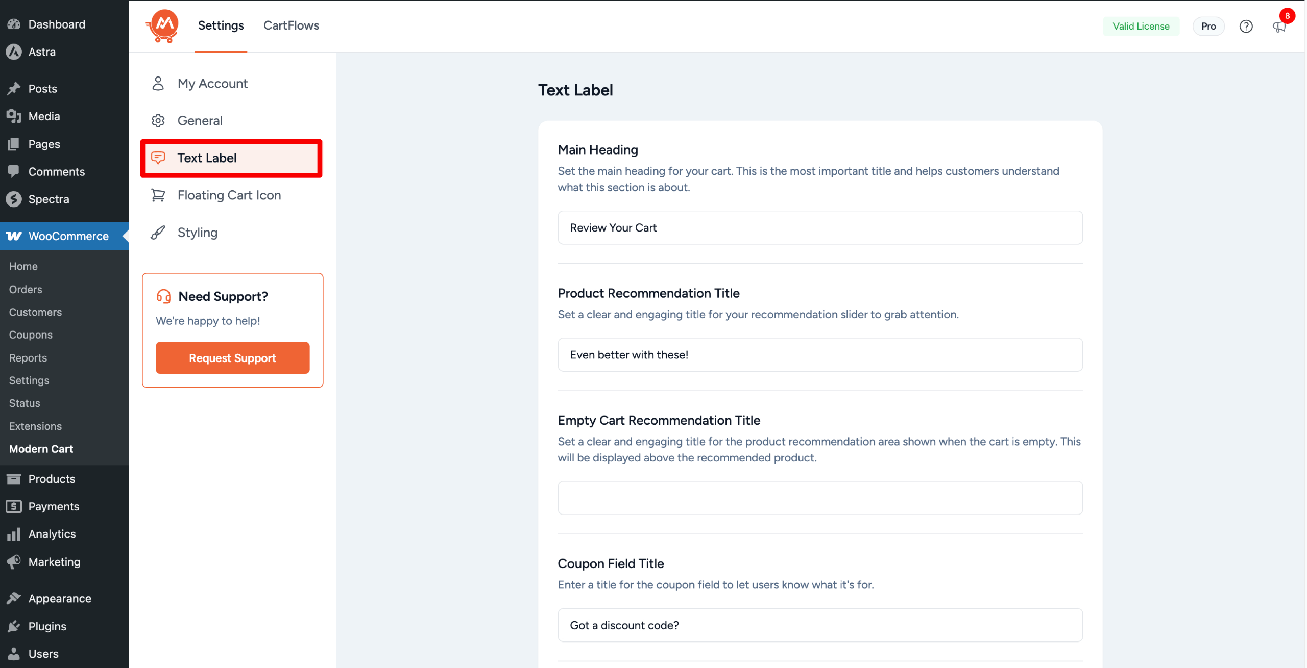 Modern Cart for WooCommerce Label Settings