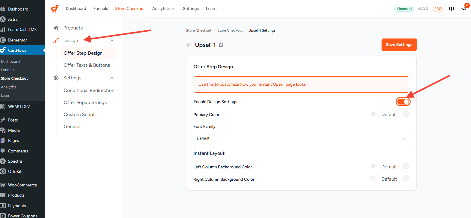 instant layout upsell design settings
