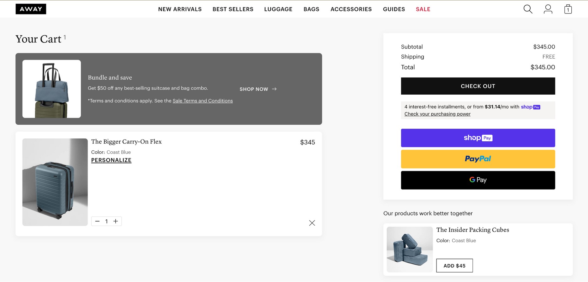 Checkout upsell by Away luggages