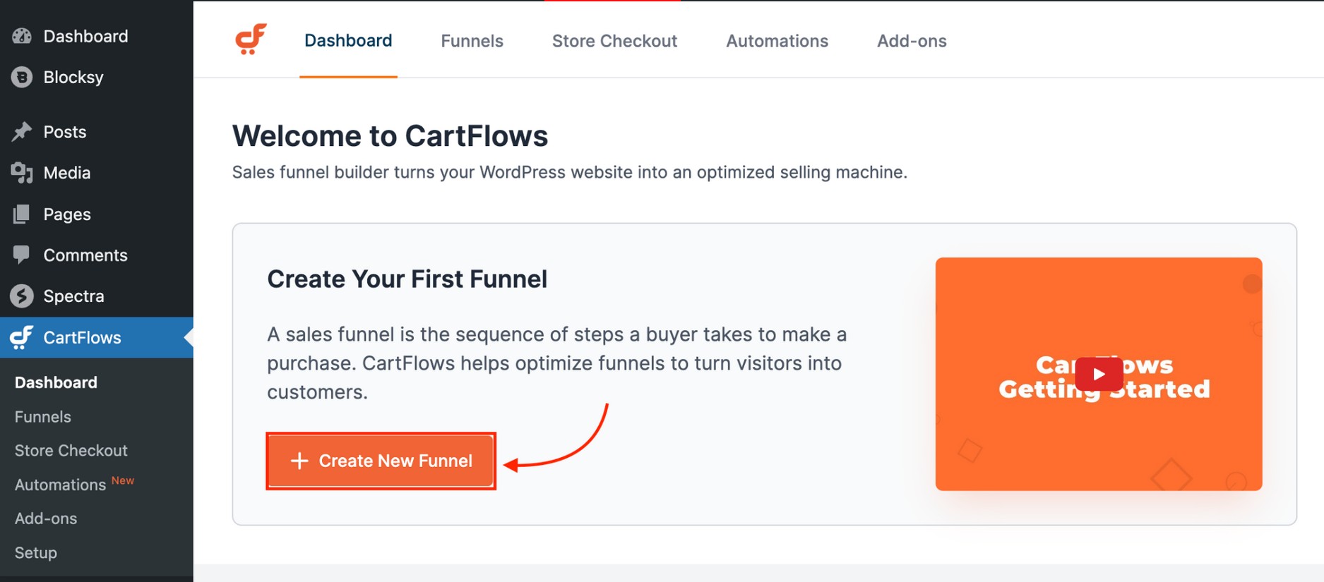Click the create a new funnel button on the CartFlows dashboard.