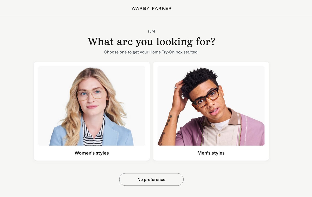 Warby Parker quiz page.