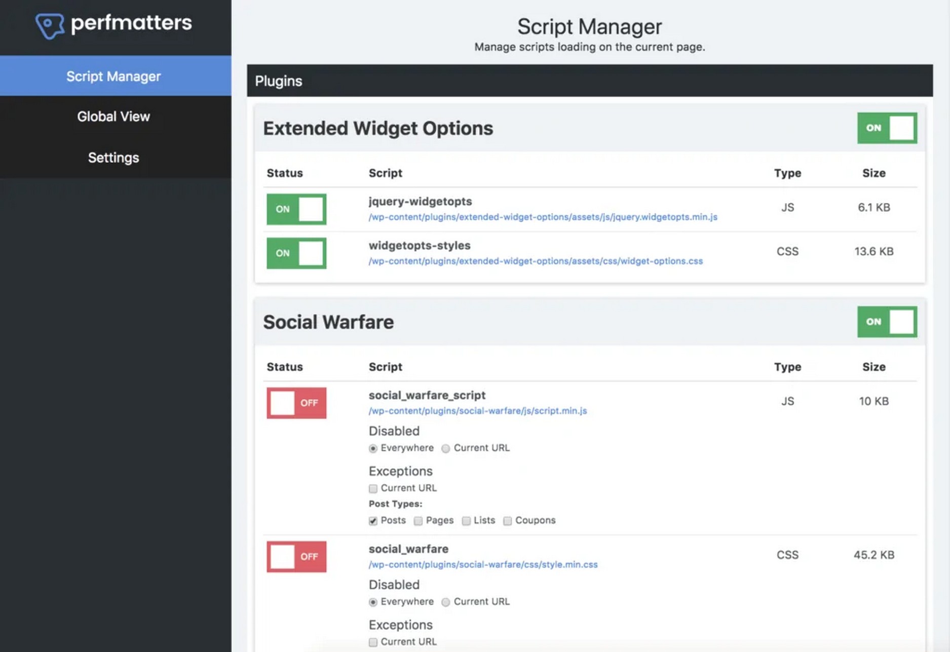 Perfmatters plugin dashboard on WordPress.