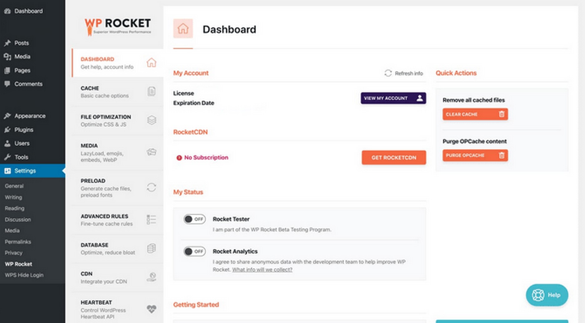 WP Rocket Plug-In Dashboard