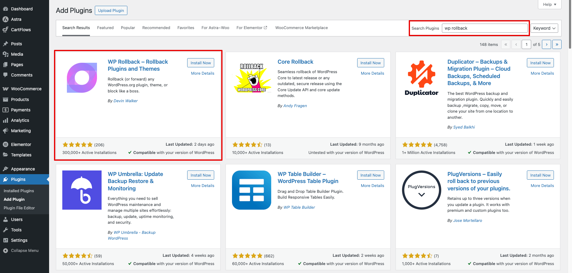 Installing WP Rollback plugin
